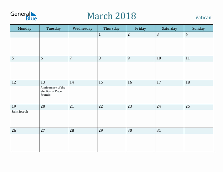 March 2018 Calendar with Holidays