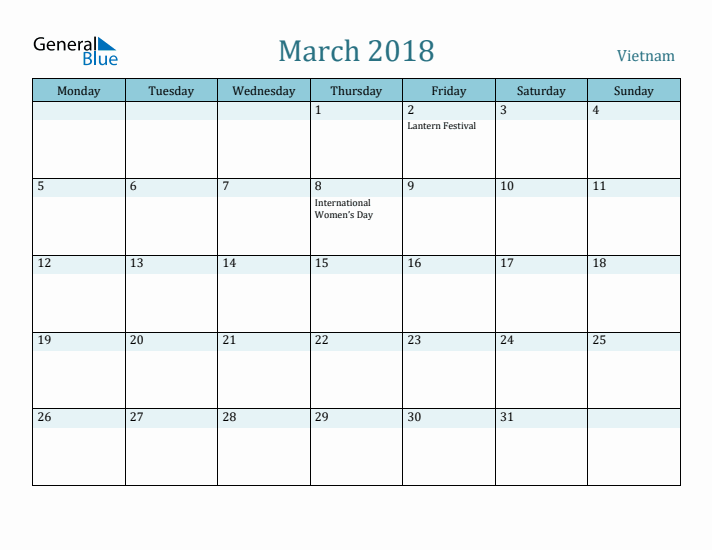 March 2018 Calendar with Holidays