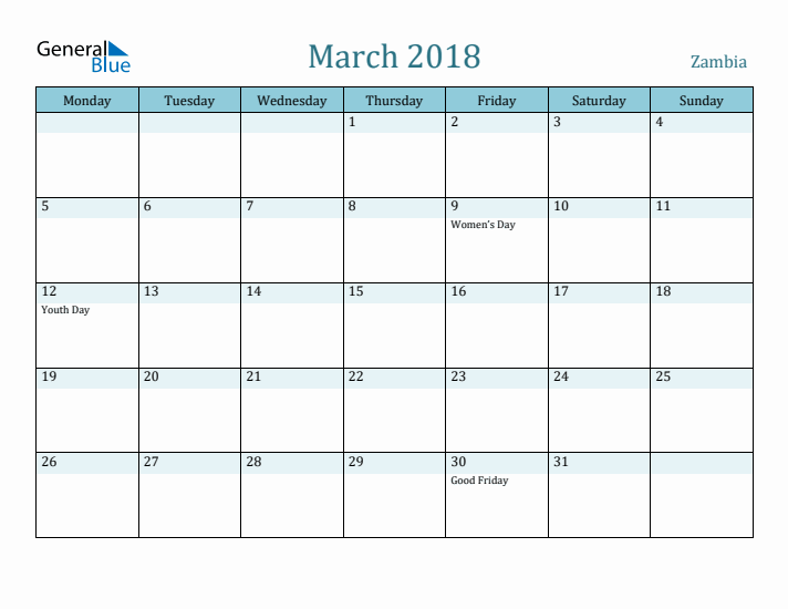 March 2018 Calendar with Holidays