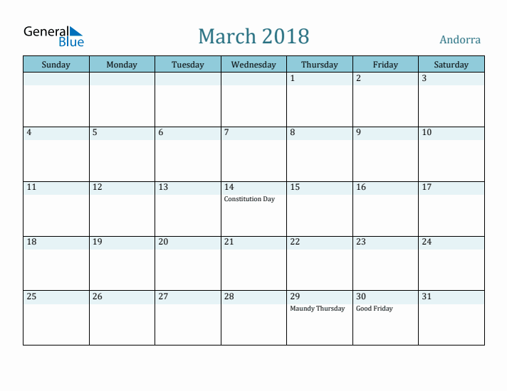 March 2018 Calendar with Holidays