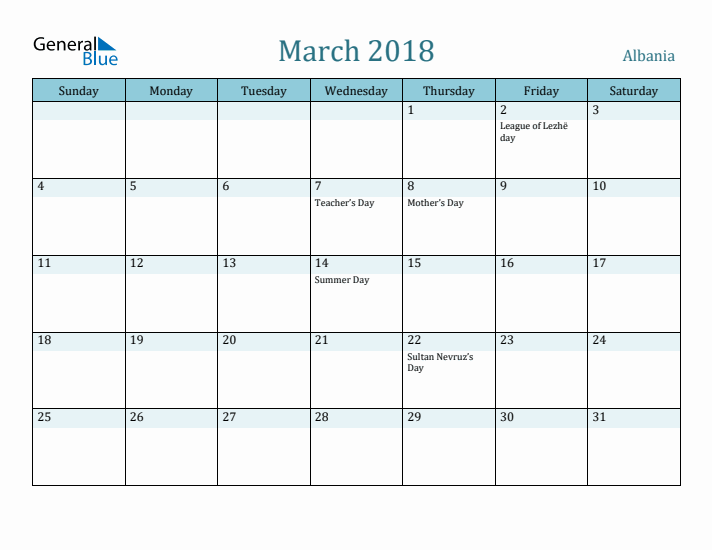 March 2018 Calendar with Holidays