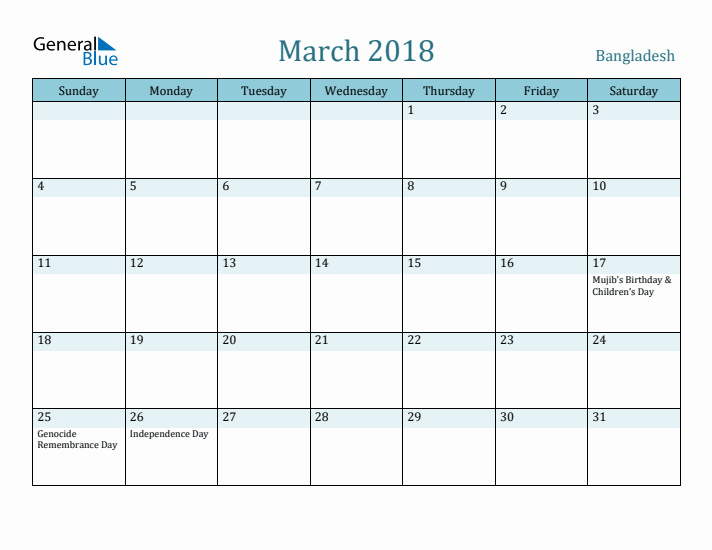 March 2018 Calendar with Holidays