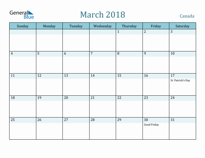 March 2018 Calendar with Holidays