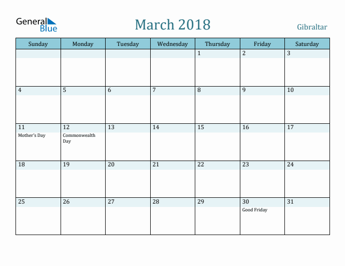 March 2018 Calendar with Holidays