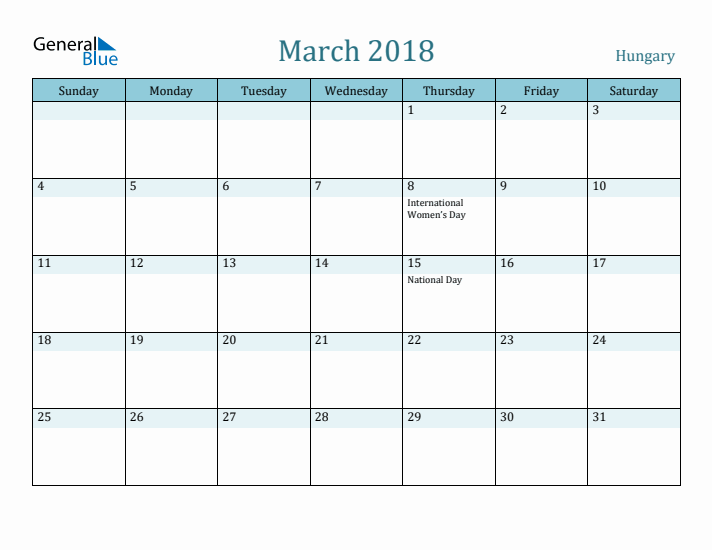 March 2018 Calendar with Holidays