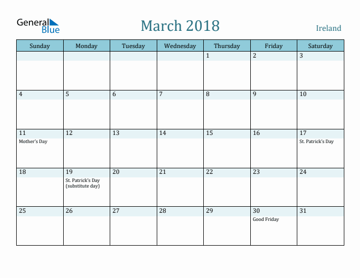 March 2018 Calendar with Holidays