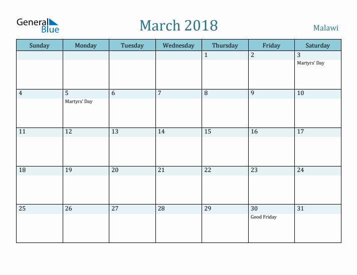 March 2018 Calendar with Holidays