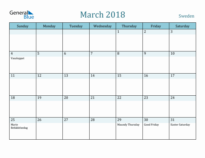 March 2018 Calendar with Holidays