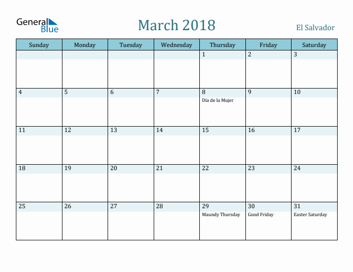 March 2018 Calendar with Holidays