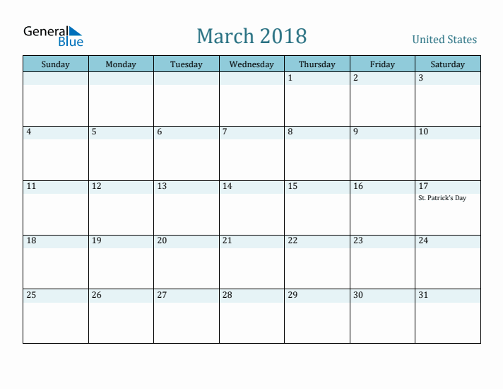 March 2018 Calendar with Holidays