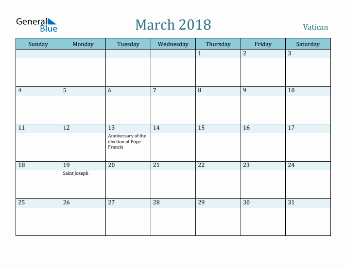 March 2018 Calendar with Holidays