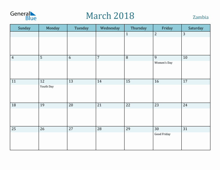 March 2018 Calendar with Holidays