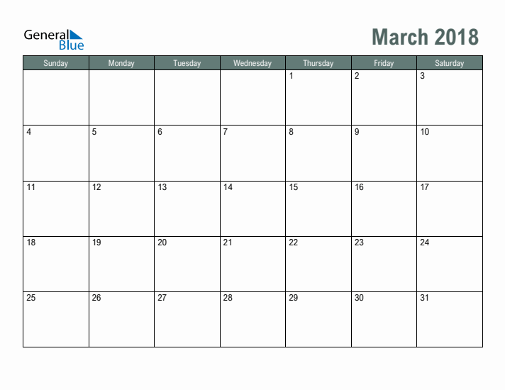 Free Printable March 2018 Calendar