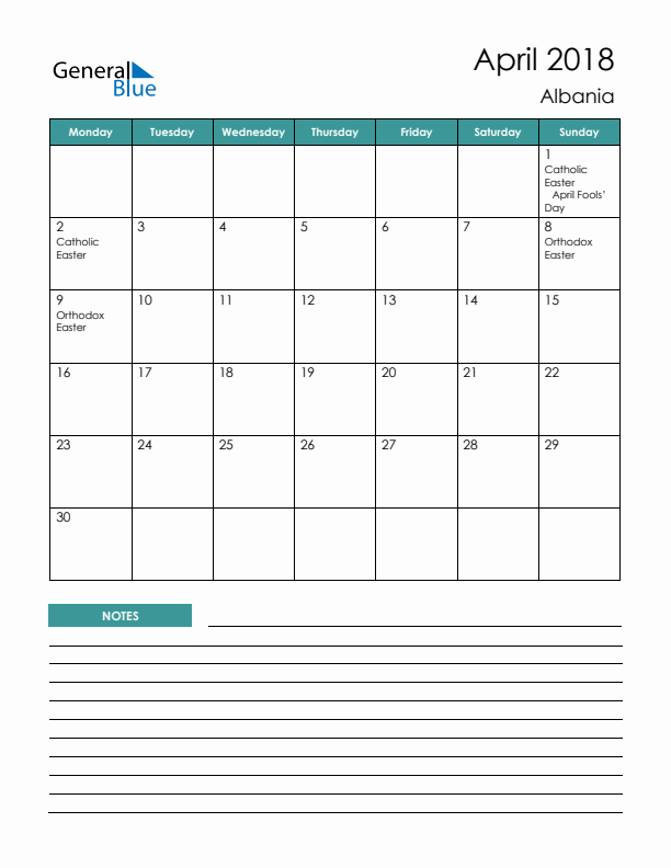 Calendar with Notes Printable - Monday Start