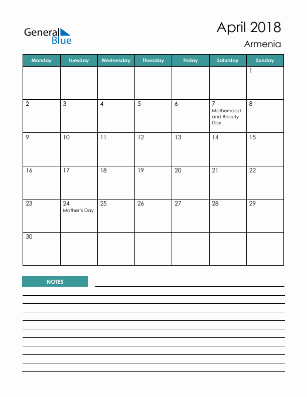 Calendar with Notes Printable - Monday Start