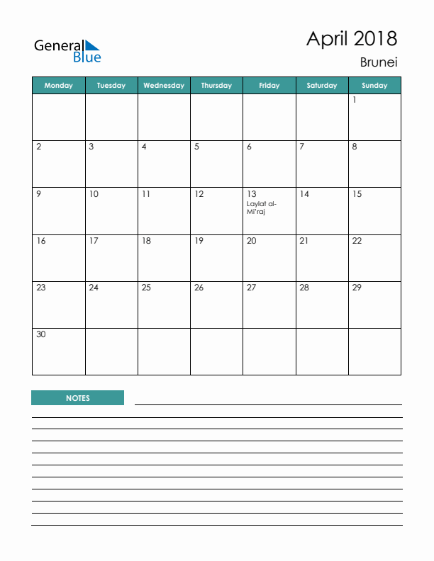 Calendar with Notes Printable - Monday Start