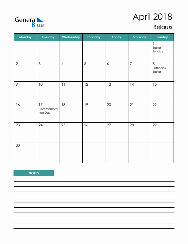 Calendar with Notes Printable - Monday Start