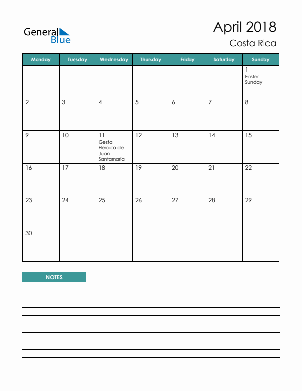 Calendar with Notes Printable - Monday Start