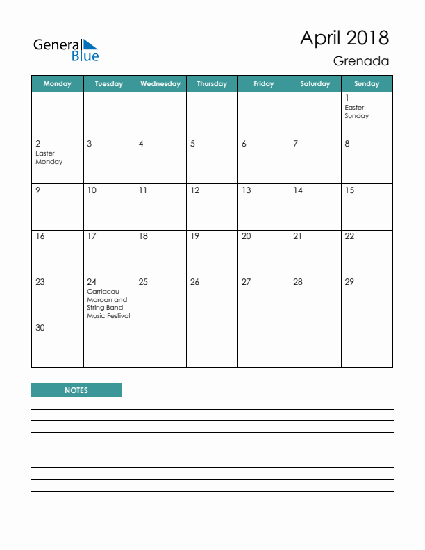 Calendar with Notes Printable - Monday Start