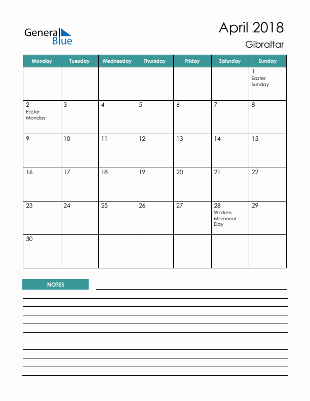 Calendar with Notes Printable - Monday Start