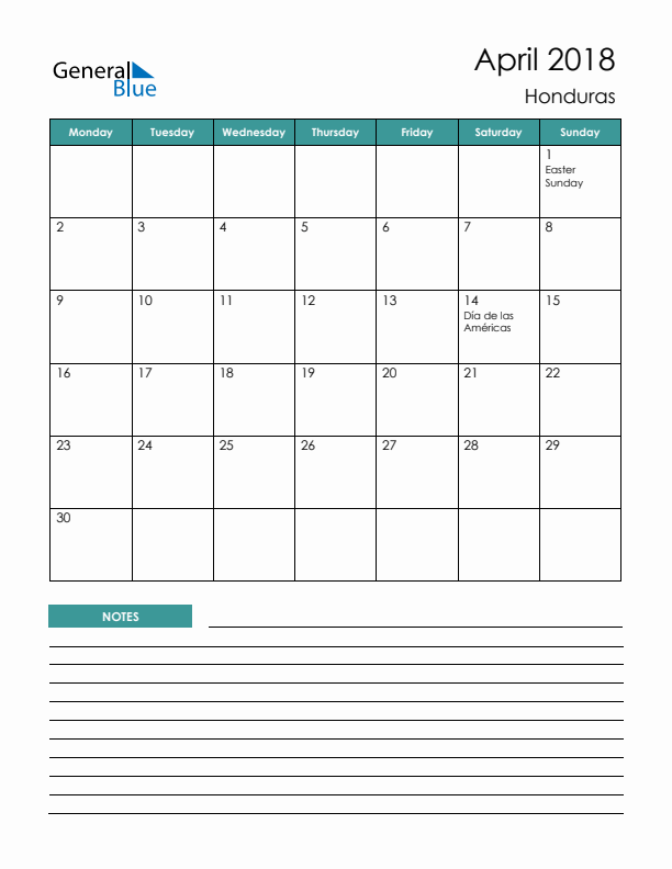 Calendar with Notes Printable - Monday Start