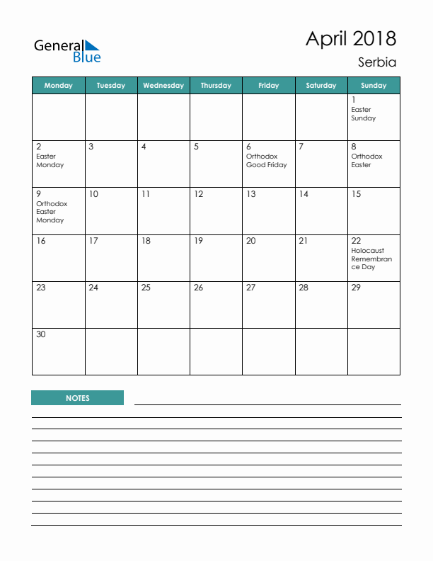 Calendar with Notes Printable - Monday Start