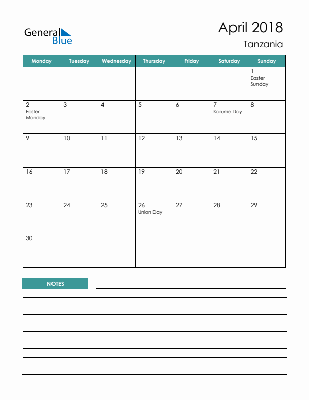 Calendar with Notes Printable - Monday Start