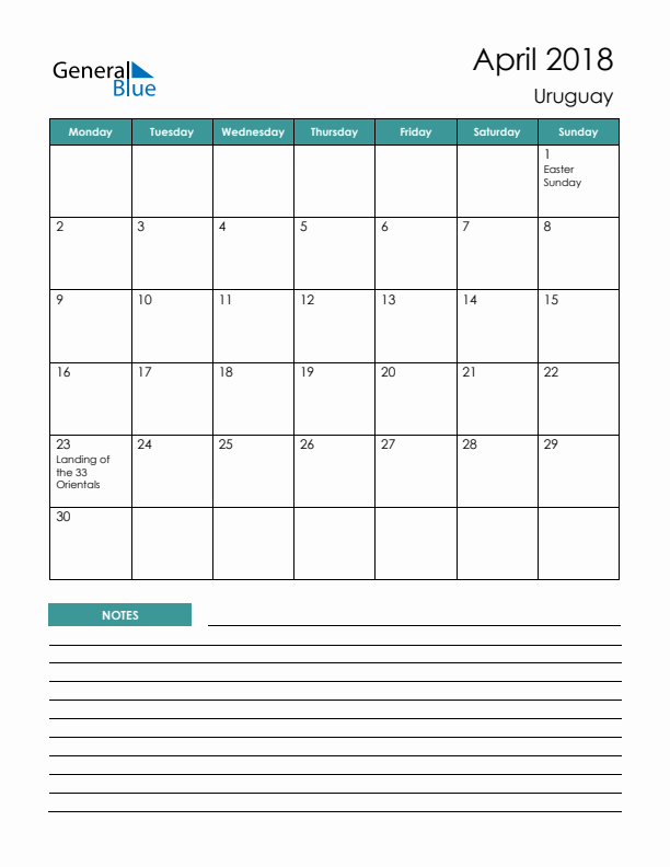 Calendar with Notes Printable - Monday Start