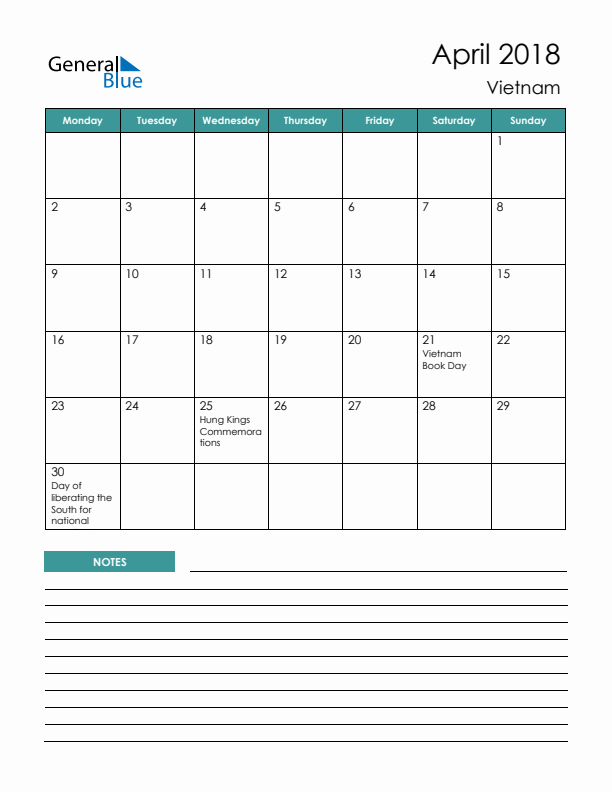 Calendar with Notes Printable - Monday Start