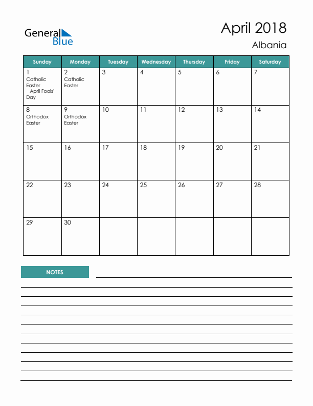 Calendar with Notes Printable - Sunday Start