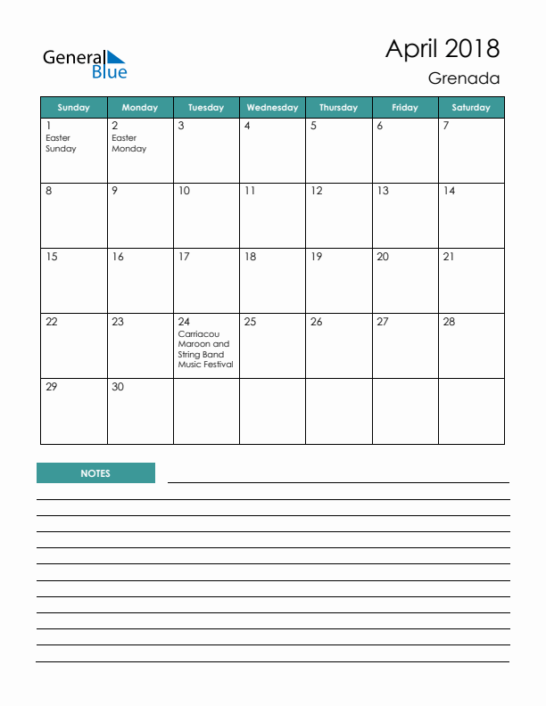 Calendar with Notes Printable - Sunday Start