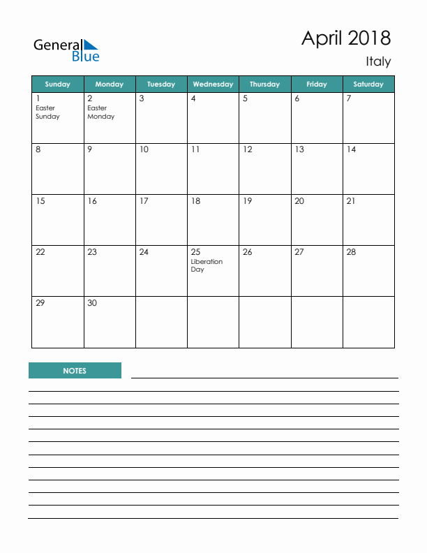 Calendar with Notes Printable - Sunday Start