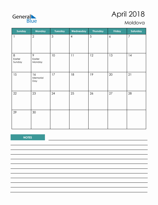 Calendar with Notes Printable - Sunday Start