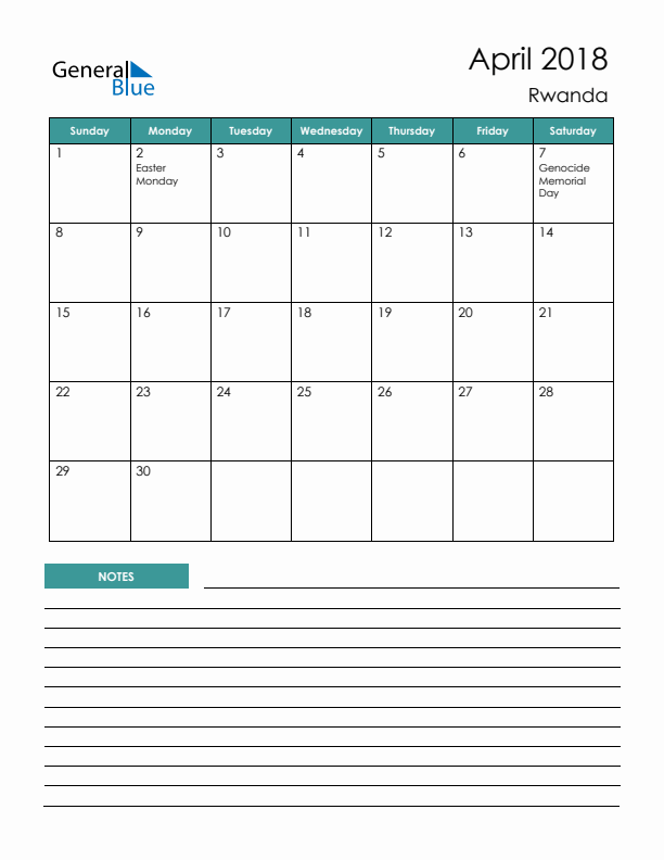 Calendar with Notes Printable - Sunday Start