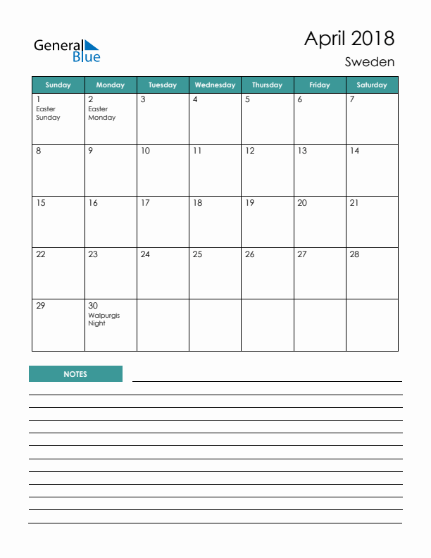 Calendar with Notes Printable - Sunday Start