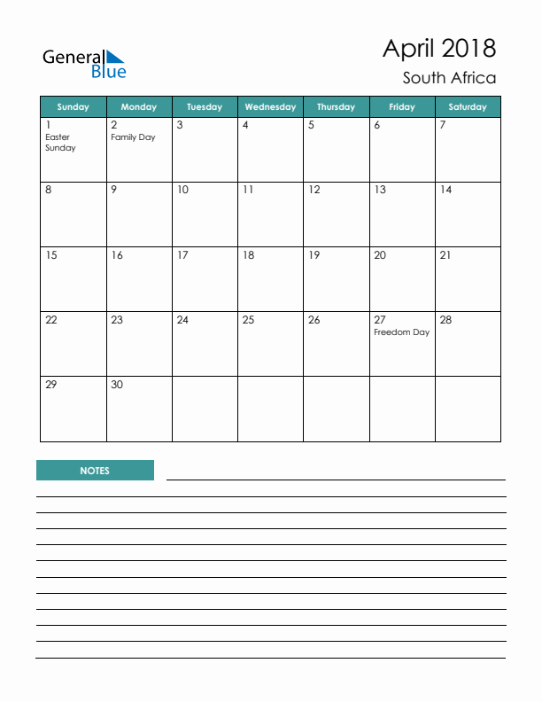 Calendar with Notes Printable - Sunday Start