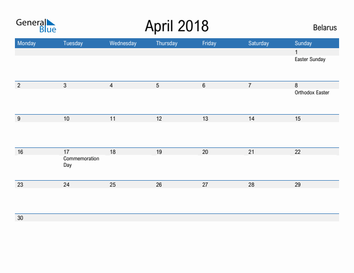 Fillable April 2018 Calendar