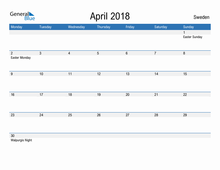 Fillable April 2018 Calendar