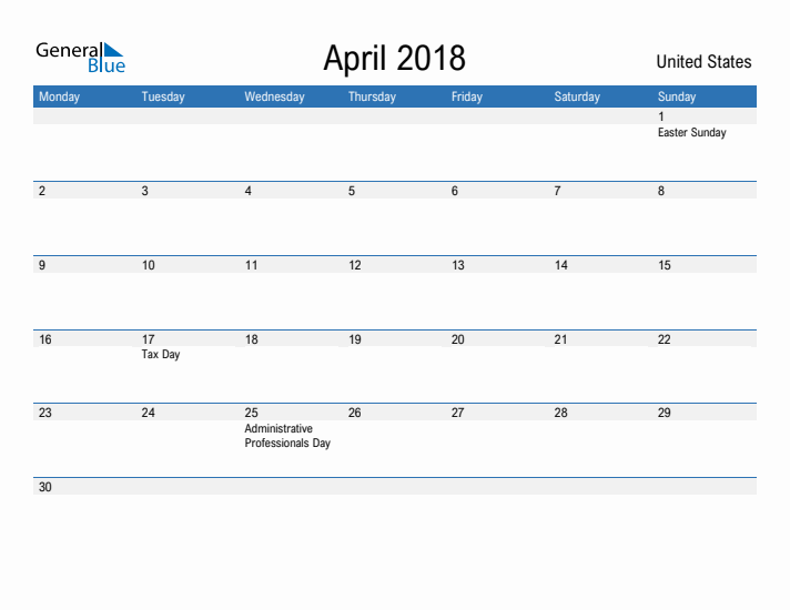 Fillable April 2018 Calendar