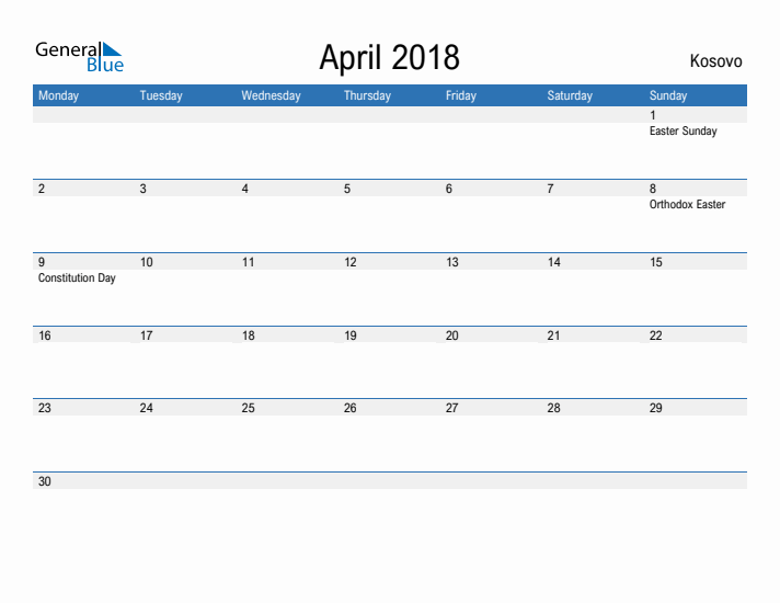 Fillable April 2018 Calendar