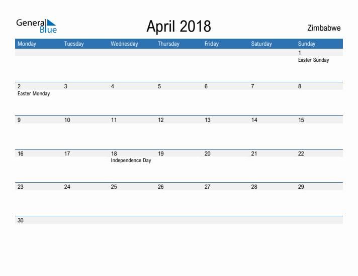 Fillable April 2018 Calendar