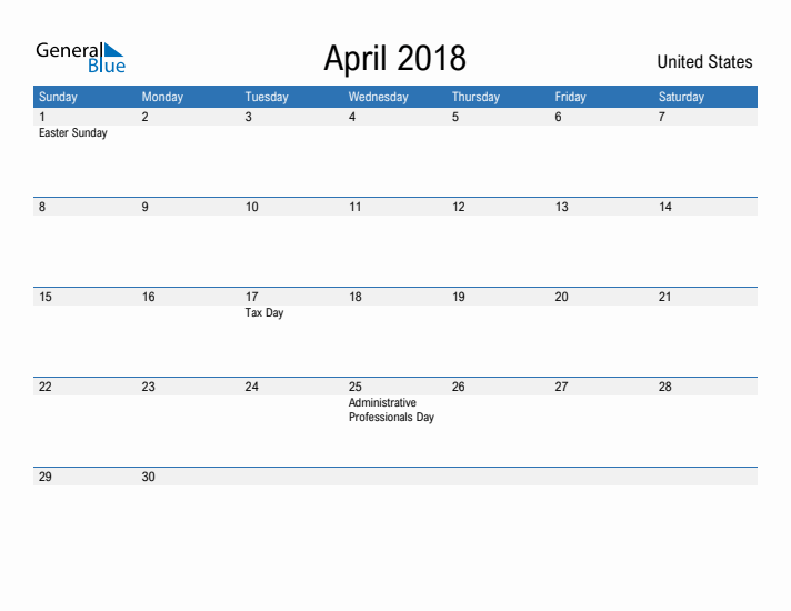 Fillable April 2018 Calendar