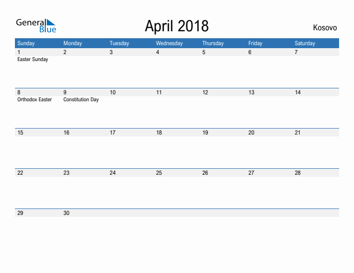 Fillable April 2018 Calendar