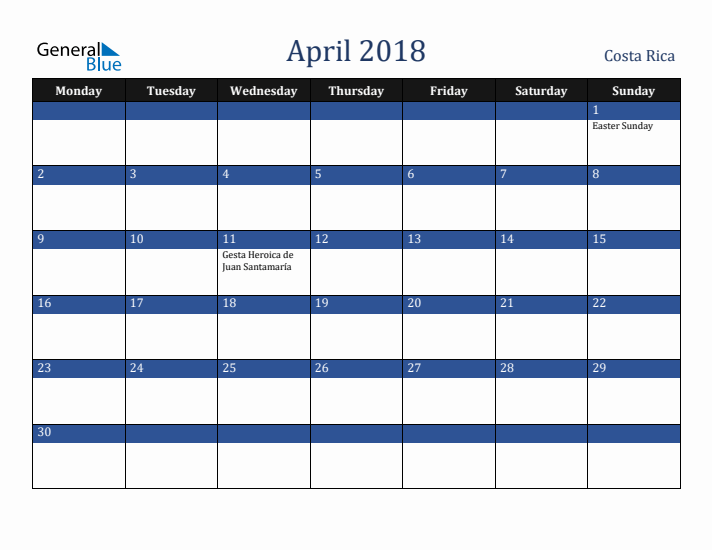 April 2018 Costa Rica Calendar (Monday Start)