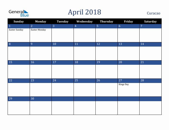 April 2018 Curacao Calendar (Sunday Start)