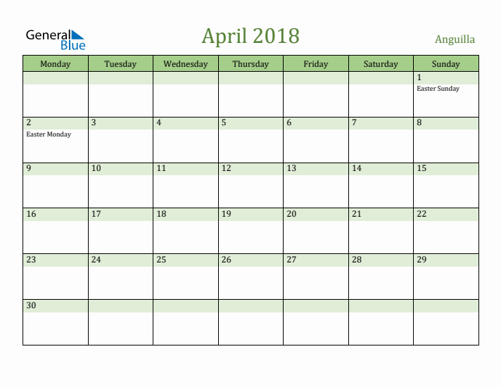 April 2018 Calendar with Anguilla Holidays