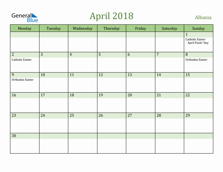 April 2018 Calendar with Albania Holidays