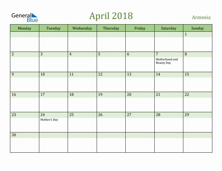 April 2018 Calendar with Armenia Holidays