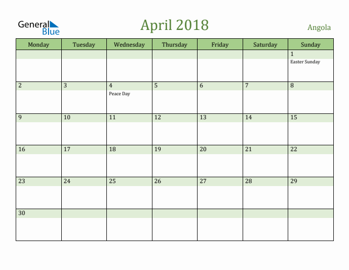 April 2018 Calendar with Angola Holidays