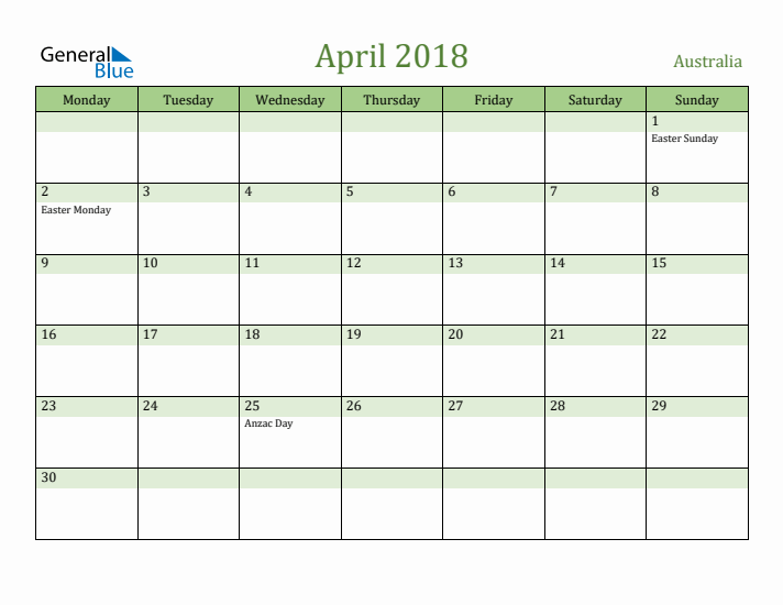 April 2018 Calendar with Australia Holidays